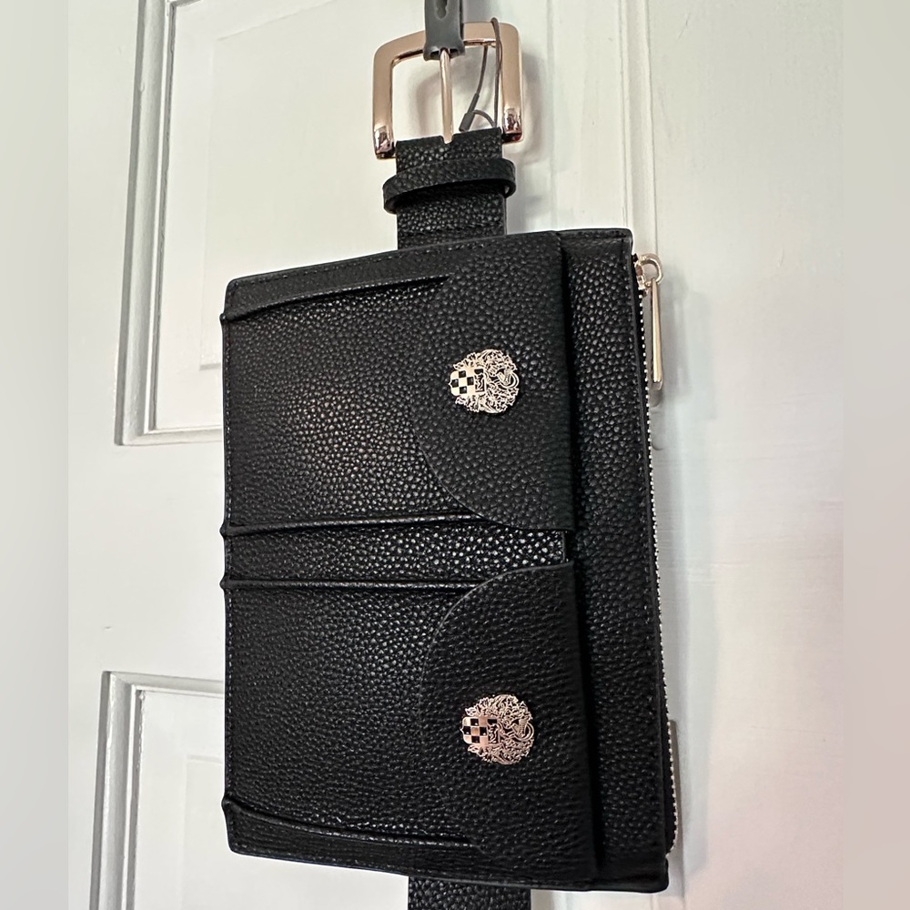 Vince Camuto Black Pebbled Leather Belt Bag with Gold Accents